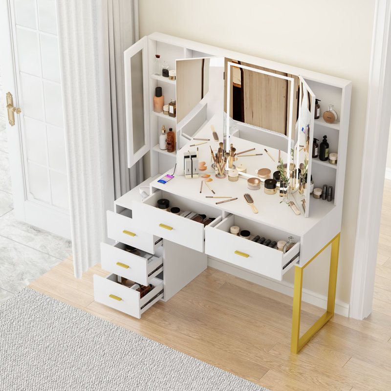 Mercer41 Raphy White Vanity with Light Up Tri-fold Mirror & Reviews ...